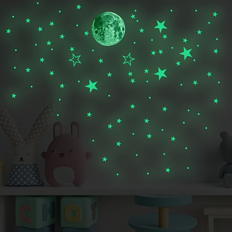 5pcs Glow-in-the-Dark Wall Decals - Luminous Moon, Stars & Dots Stickers for Bedroom and Living Room Ceiling Decor, Fluorescent Green, Self-Adhesive