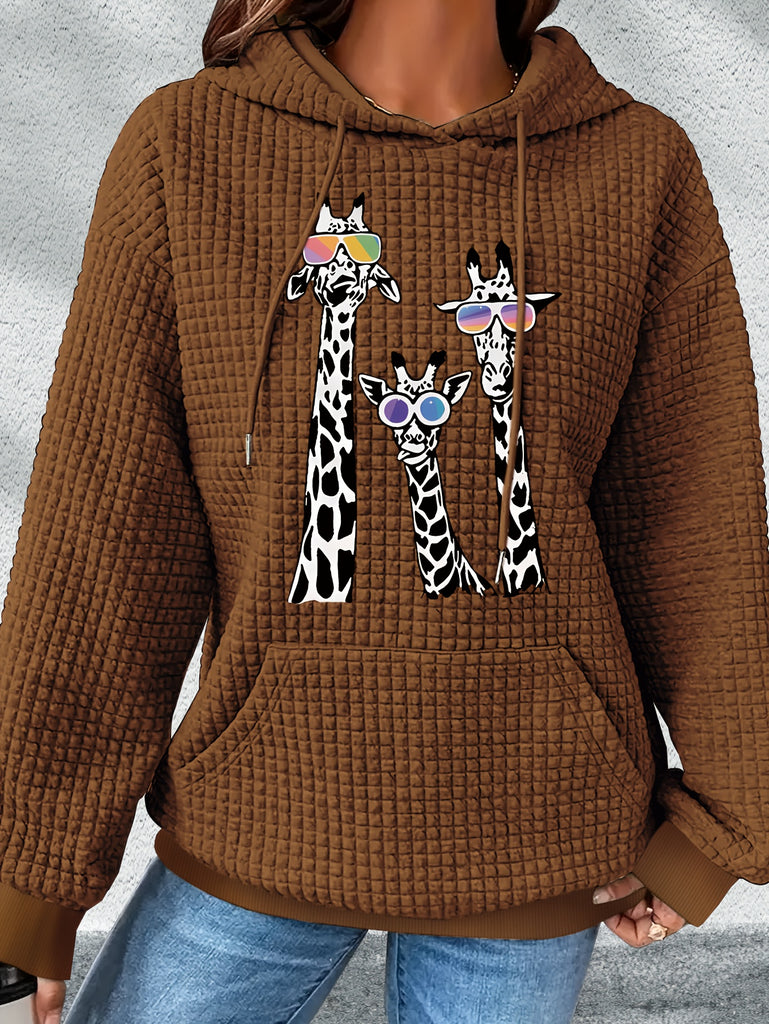 Women's Casual Waffle-Knit Hoodie with Giraffe Print - Long Sleeve, Drawstring, Kangaroo Pocket | Machine Washable Polyester Blend for Fall/Winter