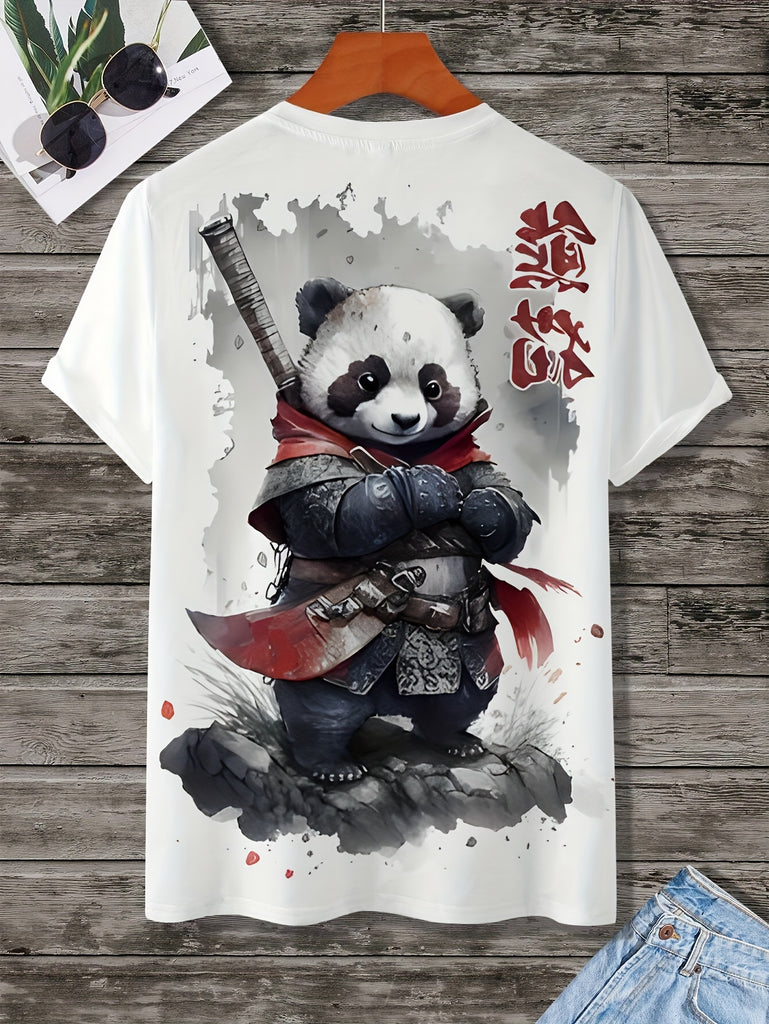 Men's Casual Crew Neck T-Shirt with Panda Warrior Print - 100% Polyester Knit Fabric, Slight Stretch, Animal Pattern - Ideal for Casual, Sports & Daily Wear in Summer - For Men - Perfect Gift for Casual Wear Enthusiasts