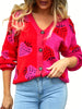 Chic Strawberry Print Button-Up Cardigan - Cozy V-Neck Long Sleeve Knit Sweater for Women, Perfect for Fall & Winter