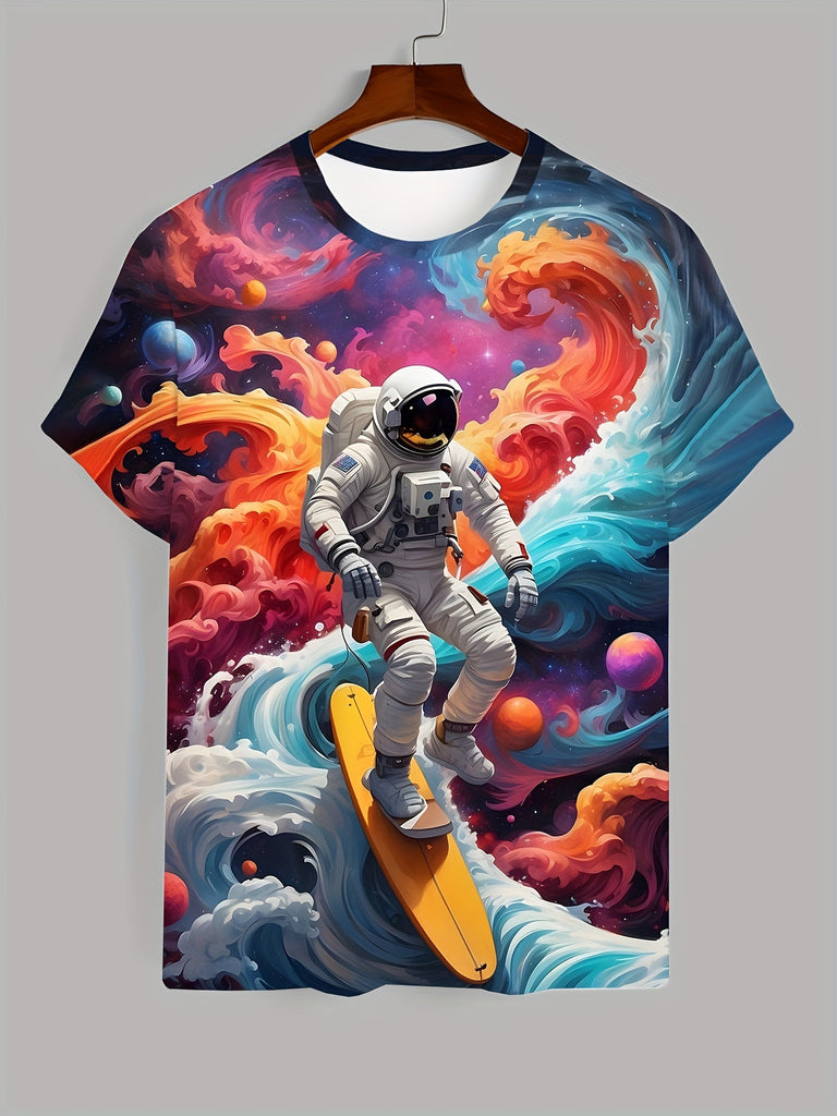 Men's Color Astronaut Pattern Printed T-shirt - Lightweight Short sleeved Round Neck, Perfect for Outdoor Adventure and Daily Style