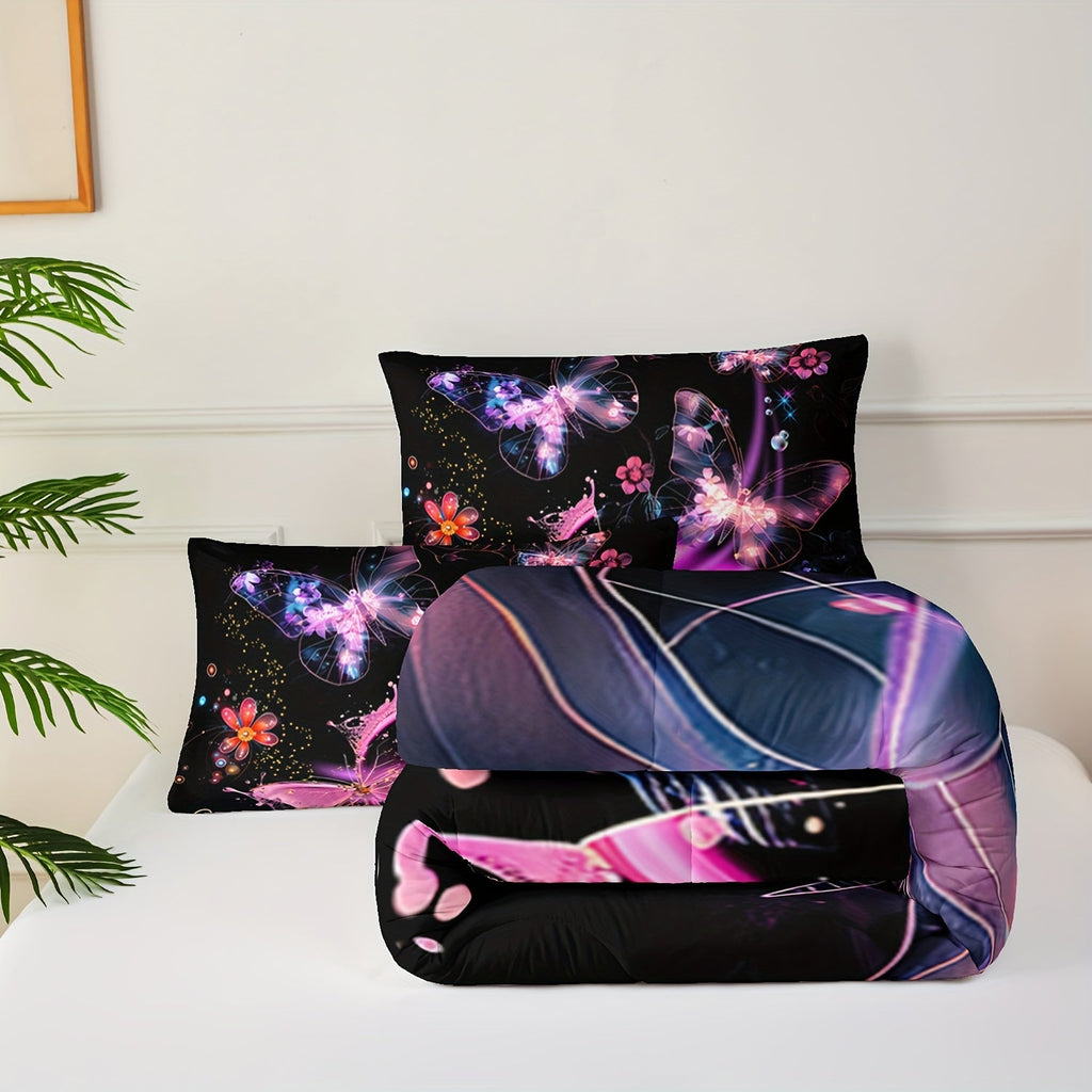 Butterfly Comforter Set Black And Gold Bedding Floral Comforter 3 Piece Set (1 Bed Comforter + 2 Pillow Cases), Comforter For All Seasons, Soft, Comfortable And Breathable Printed Bedding For Home Dormitory Decoration