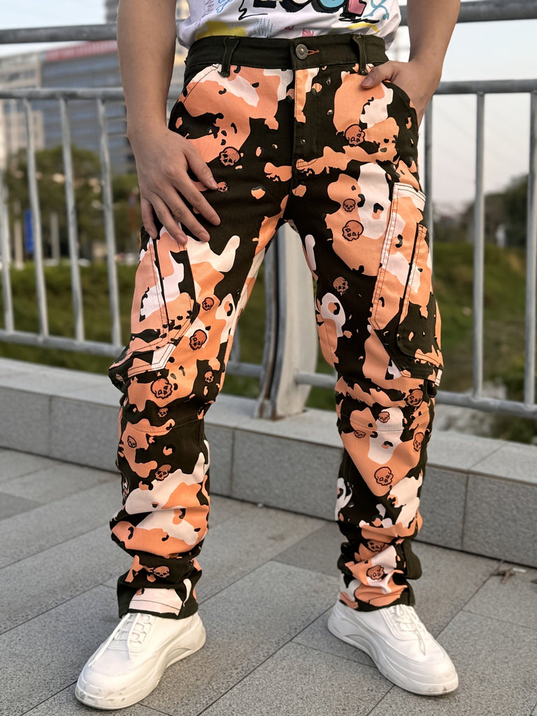 Men'S Fashion Camo Print Jeans, Cotton Blend, Medium Stretch Skinny Fit, with Embroidered Detail, Zipper Fly, Front Pockets, Back Pockets with Chain Hem, for All-Season Woven Trousers