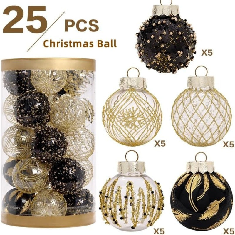 TROPOW 25-Pack Christmas Ornaments - Freestanding, Non-Electric, Featherless - Black & Golden Transparent Decor for Trees, Parties, Weddings