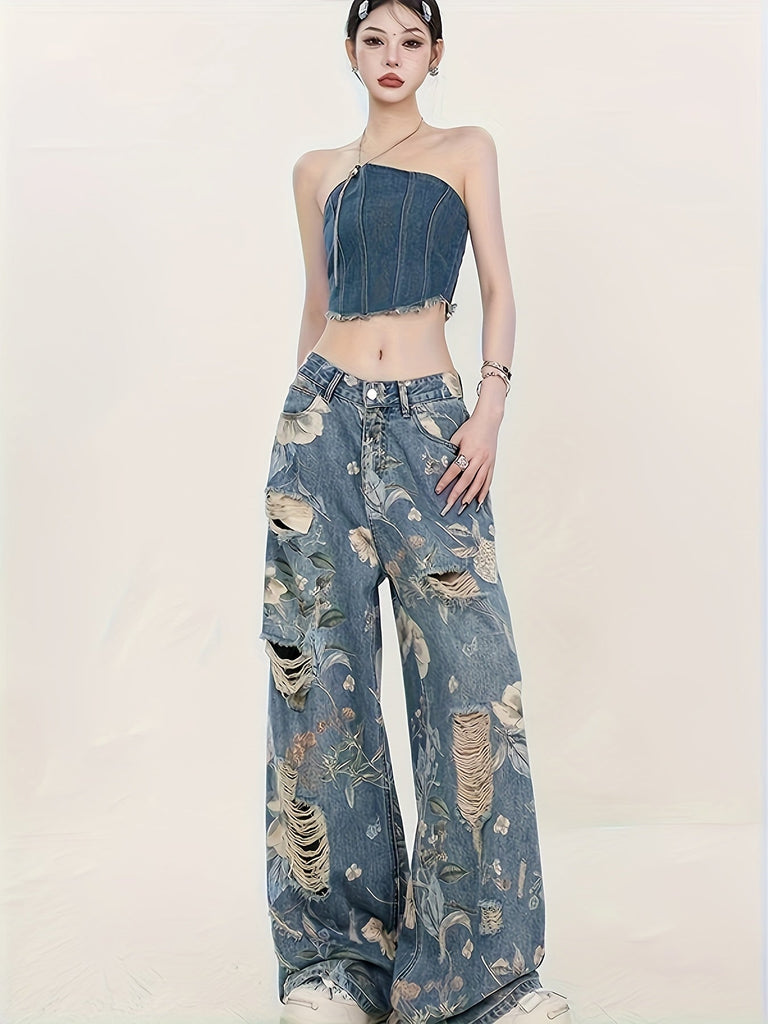 Vintage-Inspired High-Waist Wide-Leg Jeans for Women - Classic Retro Print, Cotton Blend, Machine Washable, High-end Fashion Brand