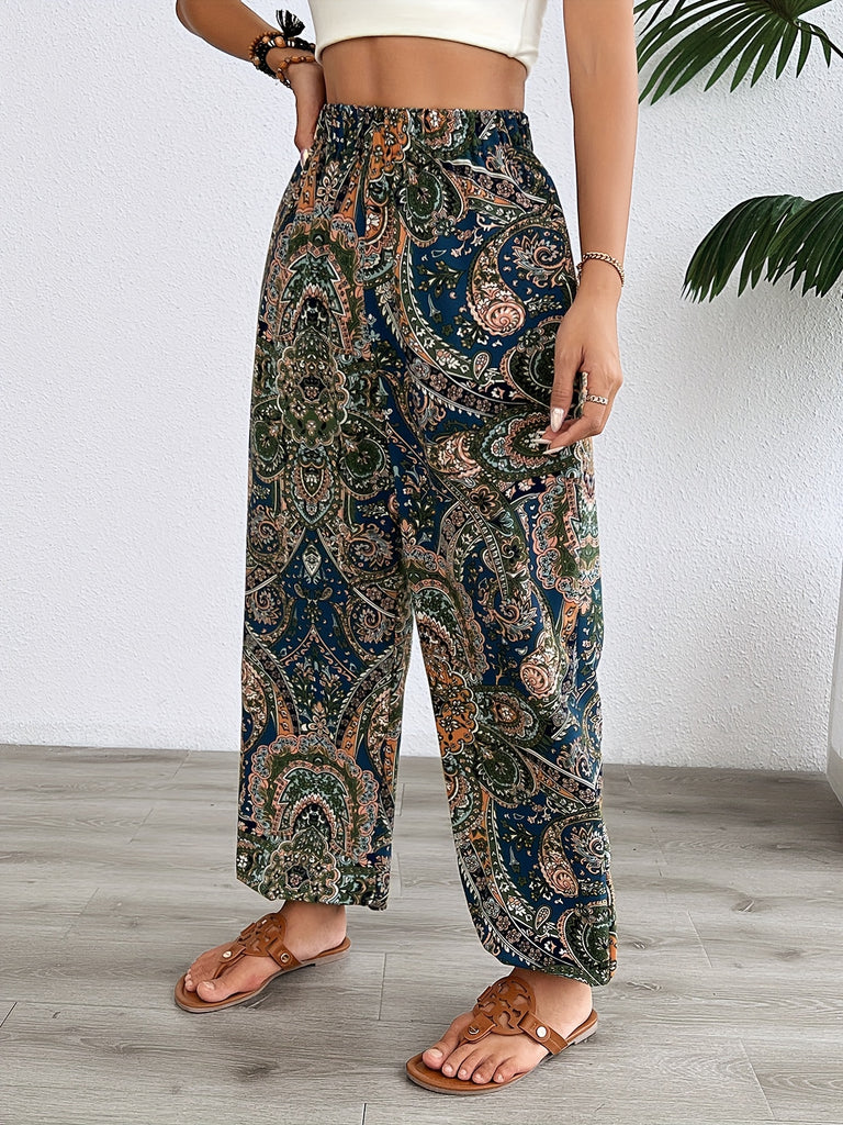 Paisley Print Fitted Bottom Joggers, Casual High Waist Pants For Spring & Summer, Women's Clothing