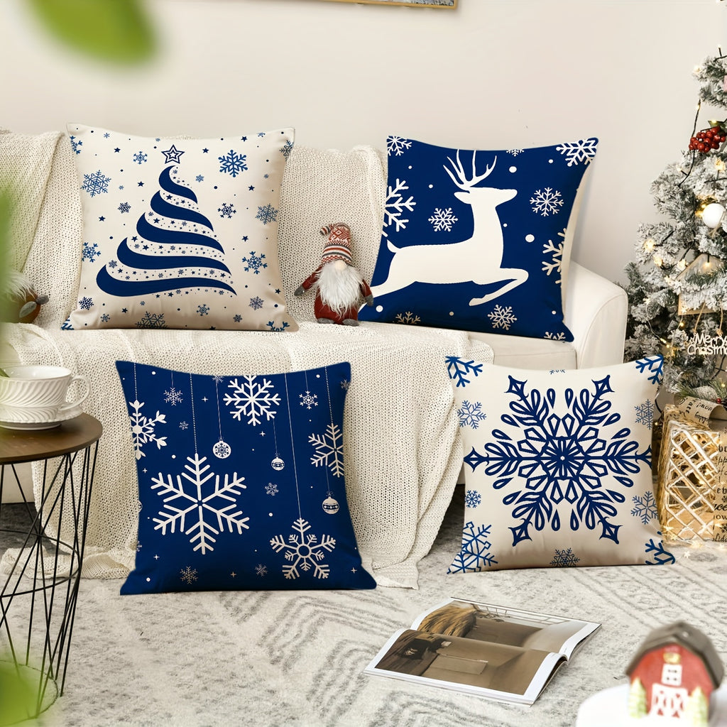 4pcs Blue Dream Snowflake Christmas Throw Pillow Covers, 18x18 Inch - Contemporary Style with Zipper Closure, Machine Washable Polyester Cushion Cases for Sofa & Home Decor, for Christmas