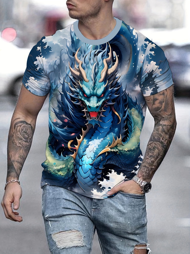 Men's eye-catching dragon pattern printed T-shirt - lightweight short sleeved round neck, perfect choice for outdoor exploration and daily style