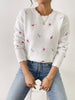 Floral Embroidery Long Sleeve Scallop Trim Sweater for Women, Casual Crew Neck Drop Shoulder Sweater for Winter & Fall