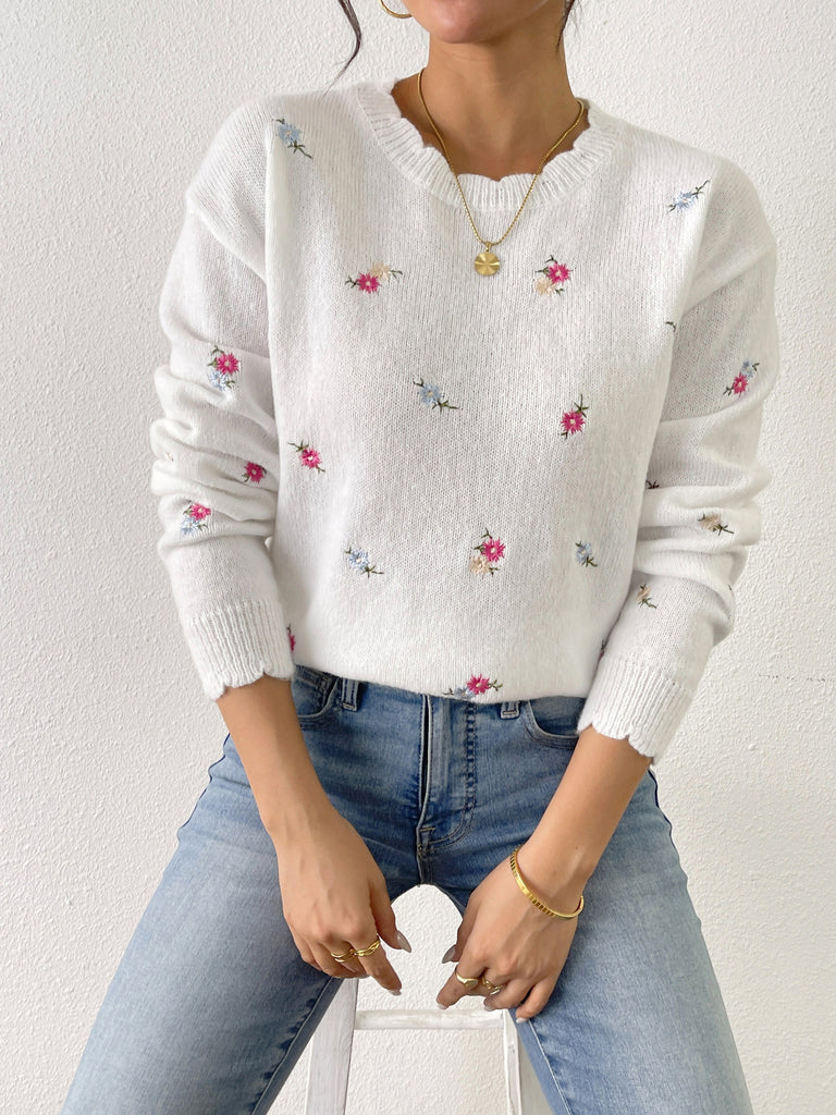 Floral Embroidery Long Sleeve Scallop Trim Sweater for Women, Casual Crew Neck Drop Shoulder Sweater for Winter & Fall