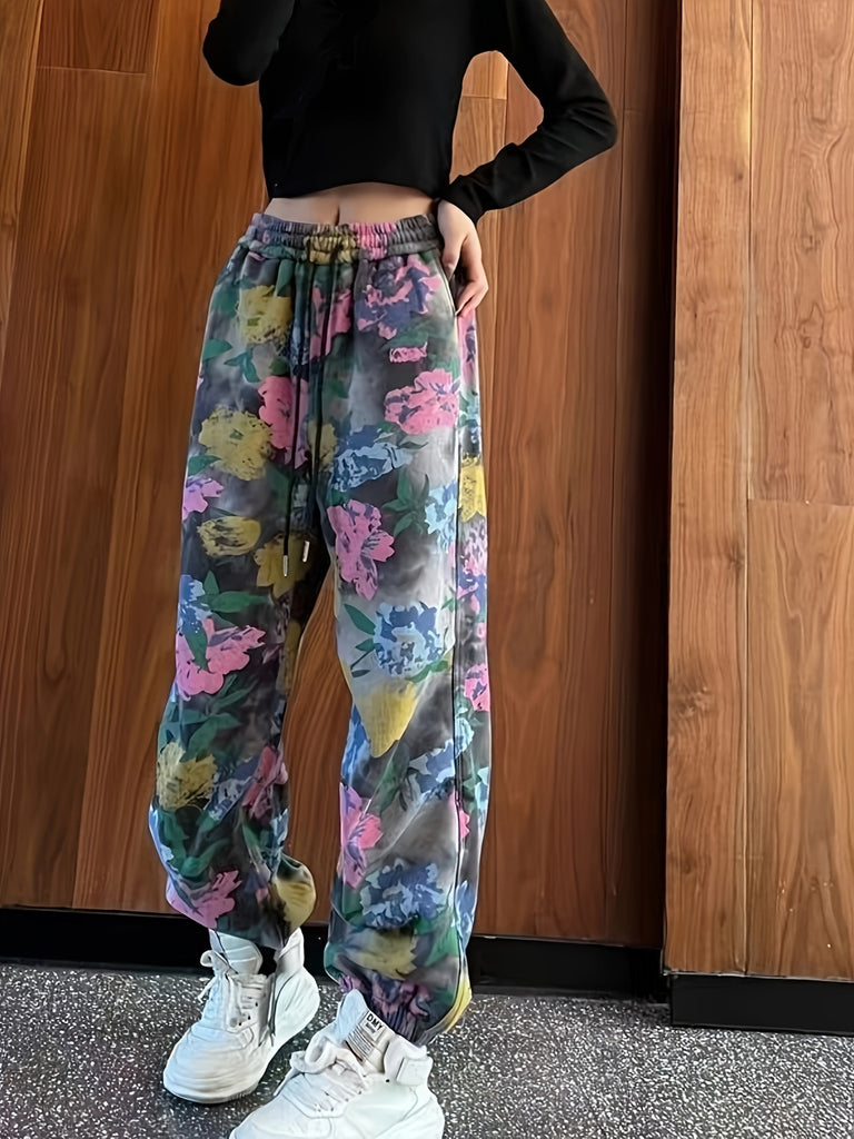 Elegant Floral Print Drawstring Joggers - Thick, Casual & Stylish Women's Pants for Spring/Fall