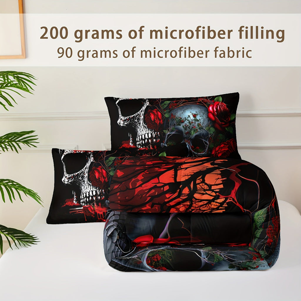 3pcs Goth Skull Print Comforter Set (1 Comforter + 2 Pillowcase Without Pillow Insert) For All Seasons, Microfiber Gothic Red Rose Bedding Set For Halloween Style Bedrooms Decoration
