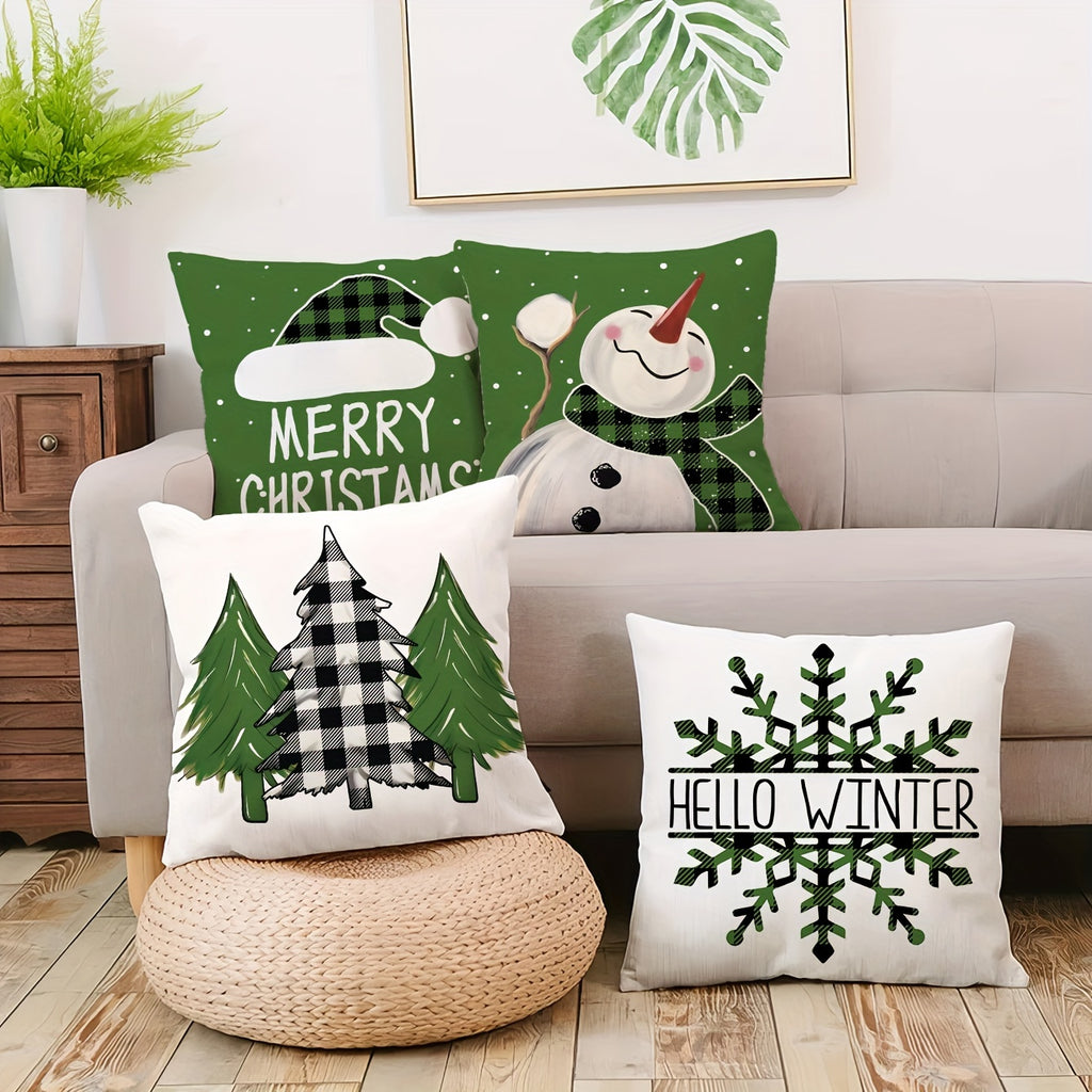 4pcs Set Ultra Soft Short Plush Christmas Pillow Covers, 18x18 Inch - Single-Sided Print, Zip Closure for Sofa & Car Decor (No Insert)