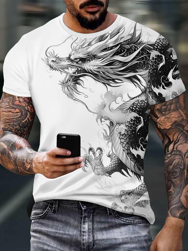 Men's Bold Dragon Graphic Tee - Short Sleeve, Crew Neck, Polyester Blend - Perfect for Summer Outings & Casual Wear