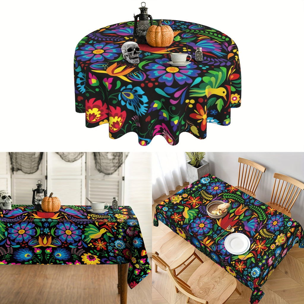 1pc Mexican Floral Tablecloth, Round, Machine-Woven Polyester, Waterproof & Spill-Resistant, Perfect for Fiesta & Cinco De Mayo, Home & Kitchen Dining Decor, Ideal Gift for Party Enthusiasts