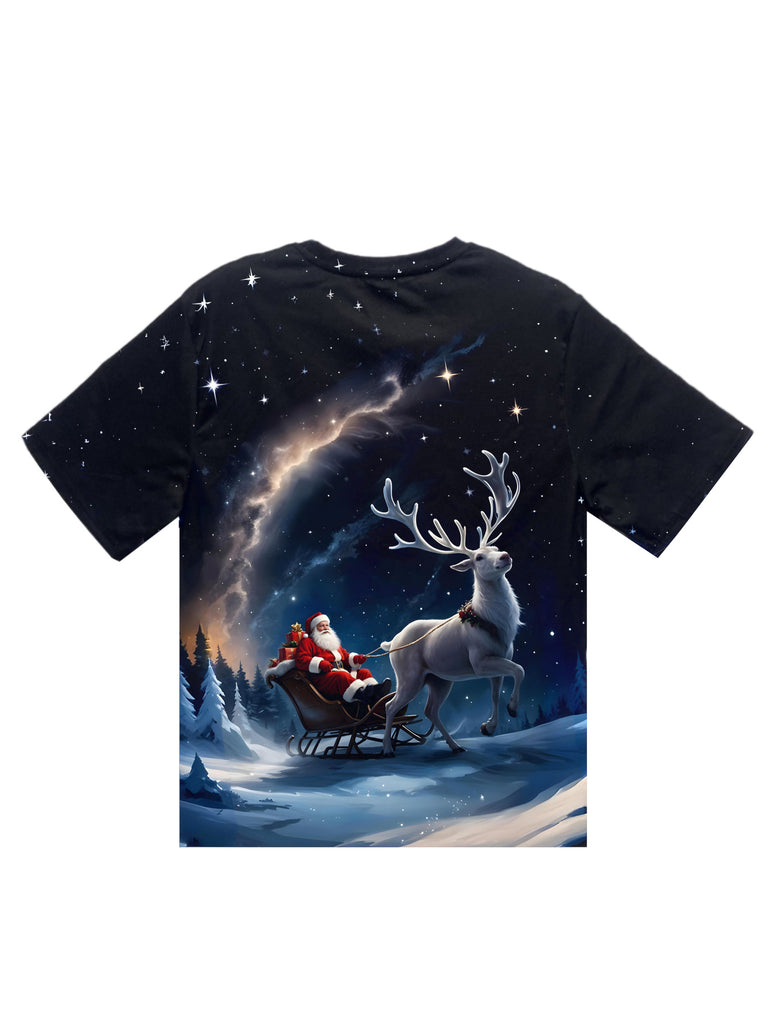 Men'S Christmas Santa Claus and Elk 3D Print T-Shirt, Casual Round Neck Short Sleeve, Polyester Knit Fabric, Regular Fit, Summer Fashion Top for Adults