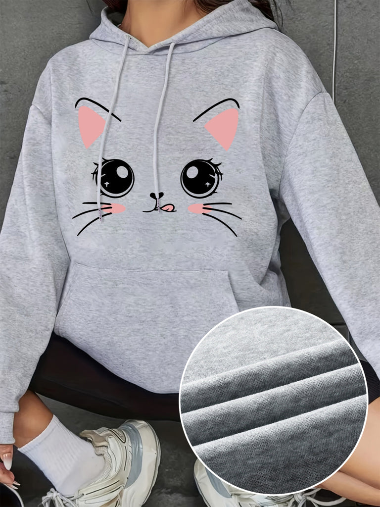 Cute Cartoon Cat Print Kangaroo Pocket Hoodie, Casual Long Sleeve Drawstring Hoodies Sweatshirt, Women's Clothing