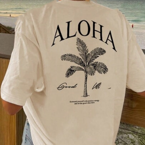 Women's Summer Palm Tree Print Wide Collar Pendant Short Sleeve