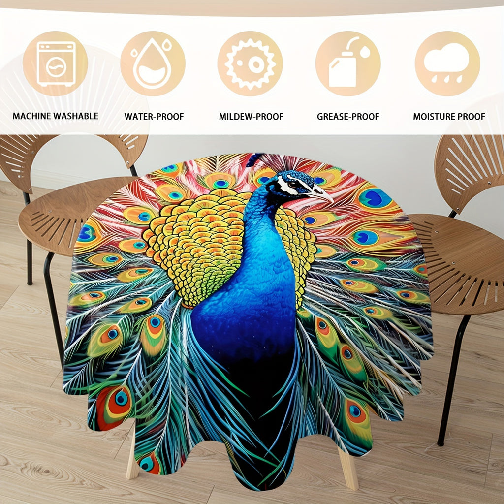 Stain-Resistant Waterproof Peacock Print Round Tablecloth - Perfect for Parties, Home & Outdoor Dining, Durable Polyester, Easy-Care Woven Design, Ideal for Kitchen & Patio Decor