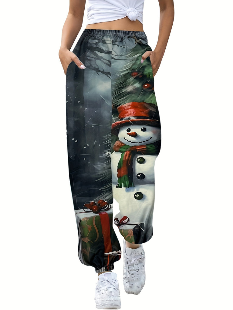 Women's Cozy Cartoon Snowman Print Joggers - Casual Elastic Waist, Long Length Pants for Fall/Winter