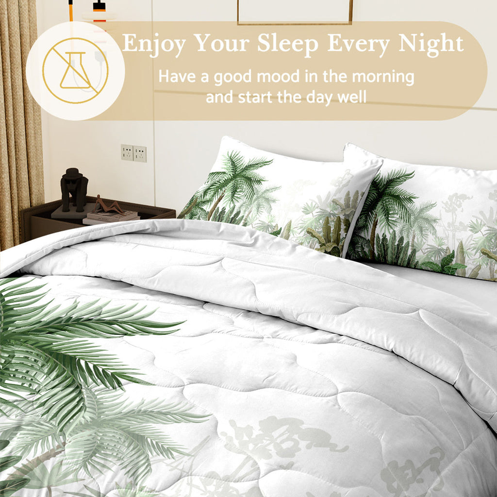 3pcs Tropical Botanical Comforter Set, Quilted Polyester Bedding with 2 Pillowcases, All-Season Breathable & Lightweight, Machine Washable, Digital Print, Stain Resistant