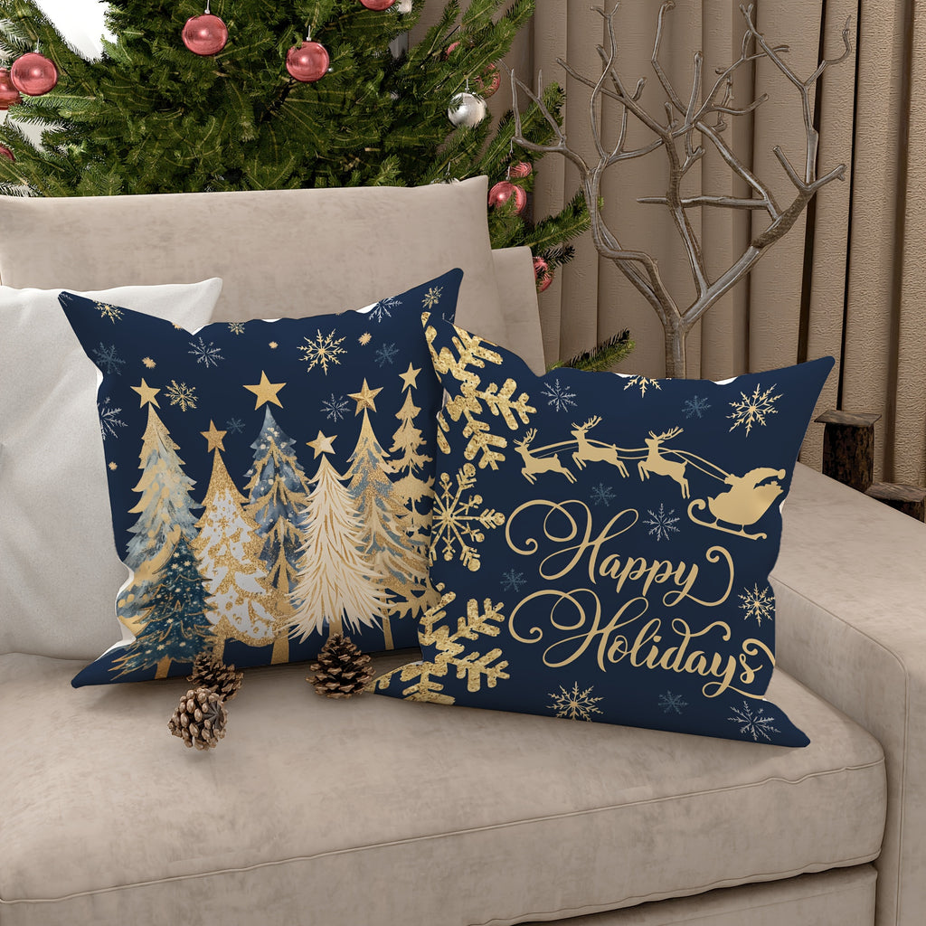 4pcs Set of Festive Velvet Throw Pillow Covers - Christmas Deer, Tree & Snowflake Designs in Blue and Golden - Soft, Cozy Decorative Cushion Cases for Living Room & Bedroom - Machine Washable, Zip Closure, Christmas Decor