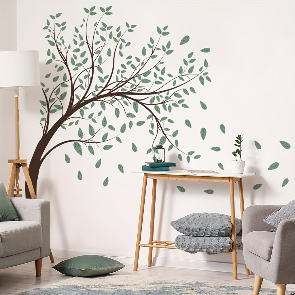 Set of 4 Large Creative Tree Wall Stickers - Vivid Green Leaf Pattern, Self-Adhesive & Removable Decals - Enhance Bedroom, Entryway, Living Room, Porch Decor - Durable, Hassle-Free Home Accent