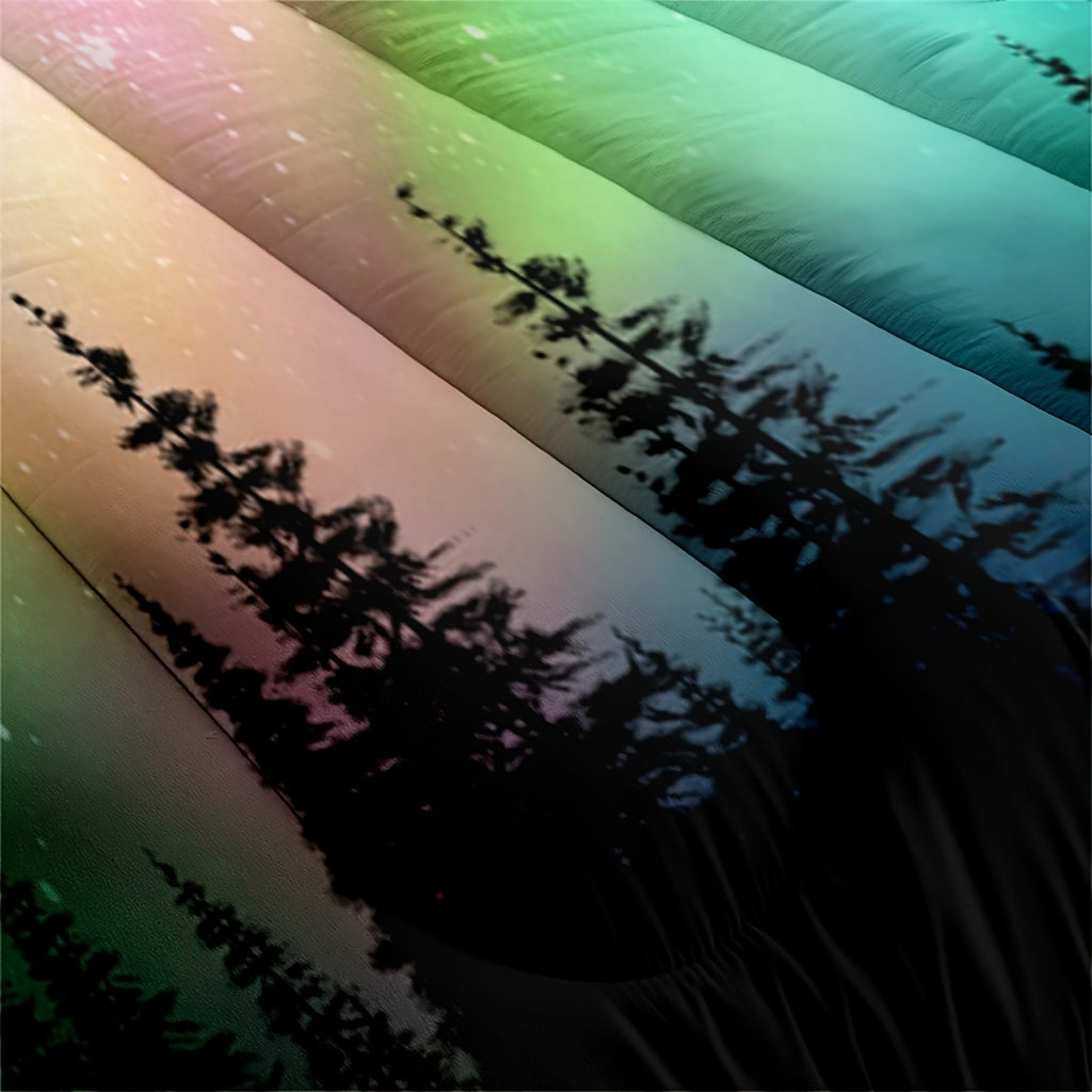 Magic Forest Colorful Comforter Set 3 Pieces King Size Galaxy Outer Space Multicolored Northern Lights Aurora Borealis Canadian 1 Quilt Comforter 2 Pillowcases (Without Core) Soft Cozy Bedding For Bedroom Guest Room