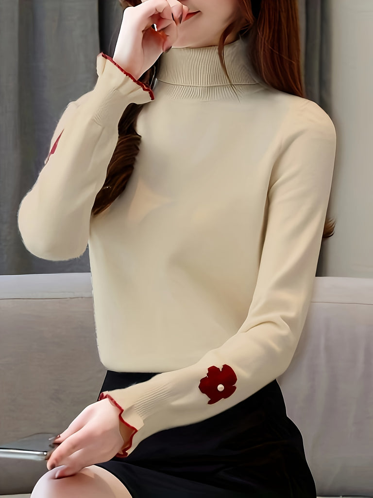 High Neck Long Sleeve Knit Top With Pearl Details, Acrylic Fabric, Korean Style, Autumn/Winter Fashion, Hand Wash Or Dry Clean