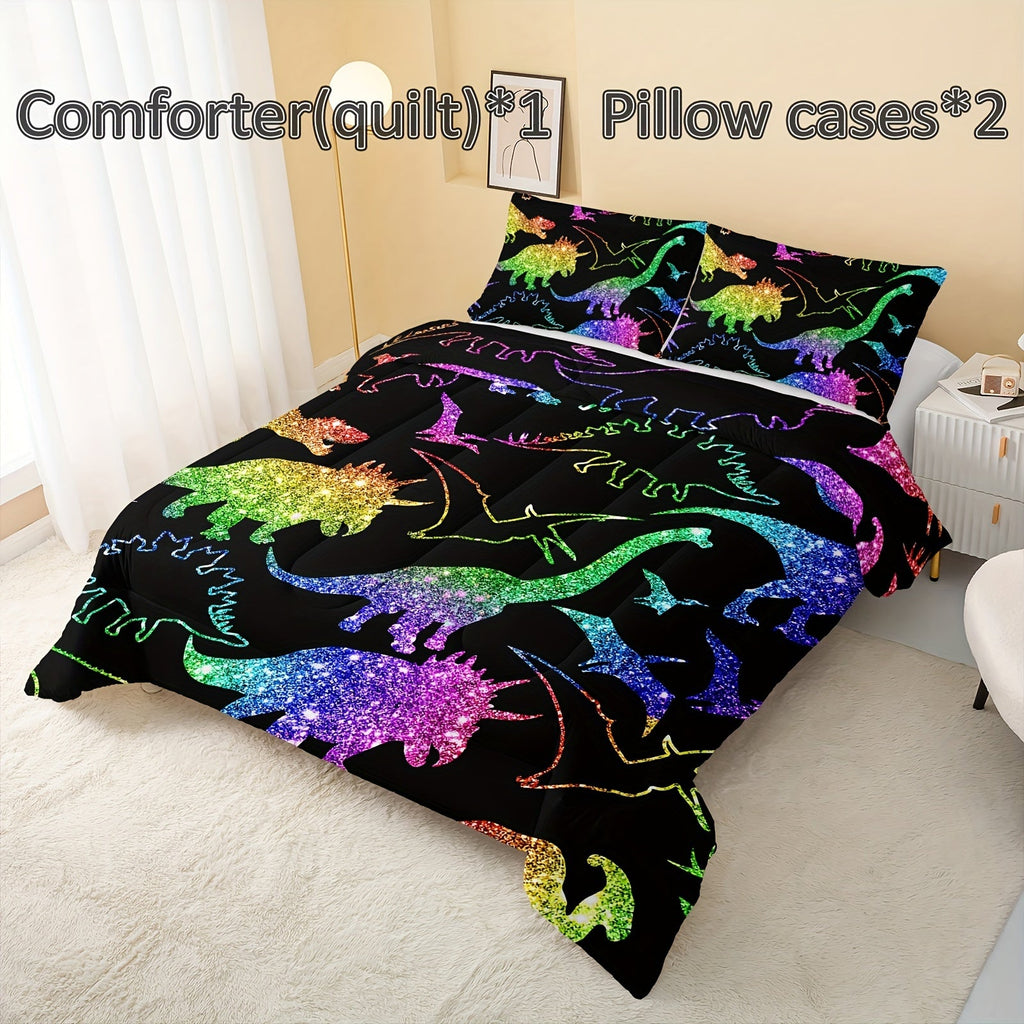 Rainbow Dinosaur Comforter Set Colorful Dino Bedding Cartoon Dinosaur With Shiny Glitter Bedding Set Bedroom Decor (1 Comforterr + 2 Pillowcases) Lightweight