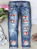 Women'S Plus Size Denim Jeans, Santa Claus Patchwork, Stretchy Fabric, Random Print, Long Length, All-Season, Tight Fit, Button Closure, Festive Holiday Style