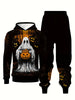 Men's Halloween Pumpkin Ghost Printed Fashion Novelty Pajamas Loungewear Set, Hoodie And Sweatpants Set, Long Sleeve Sweatshirts Jogger Pant 2 Piece Outfits For Men