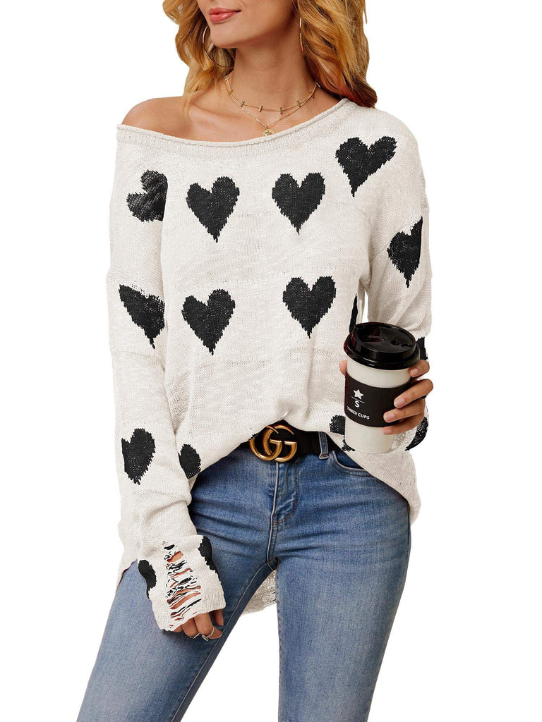 Women Off Shoulder Knitted Pullovers Sweater Loose Long sleeve Hearts Printed Ripped Tops