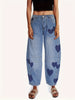 Women Mid Rise Barrel Jeans Heart Printed Wide Leg Denim Ankle Pants Vintage Baggy Boyfriend Jeans Streetwear