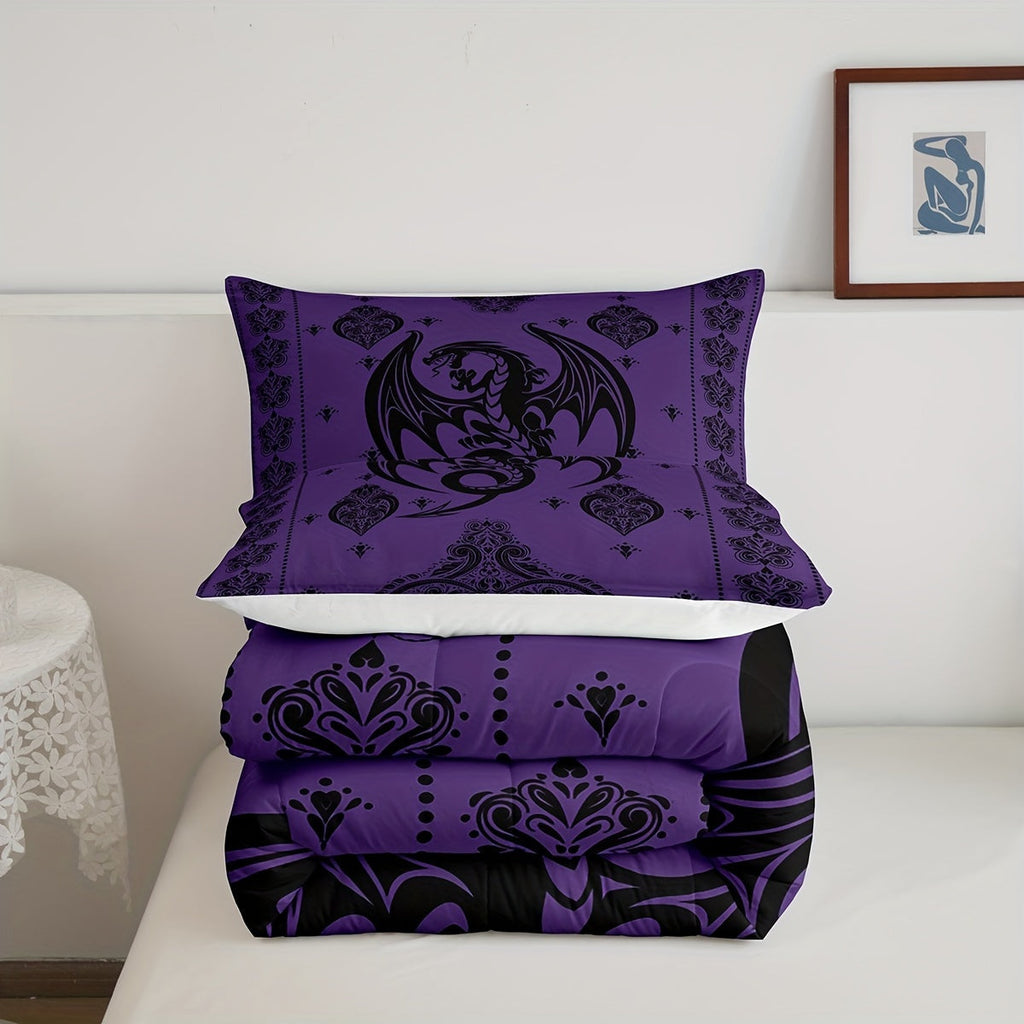 Purple Black Dragon Comforter Set Queen Size, Vintage Boho Floral Print Bedding Set 3Pcs, Paisley Pattern Quilt Set For Women Men Adults Room Decor Exotic Trippy Duvet Insert, 2 Pillowcases Fashionable And Comfortable Home Products
