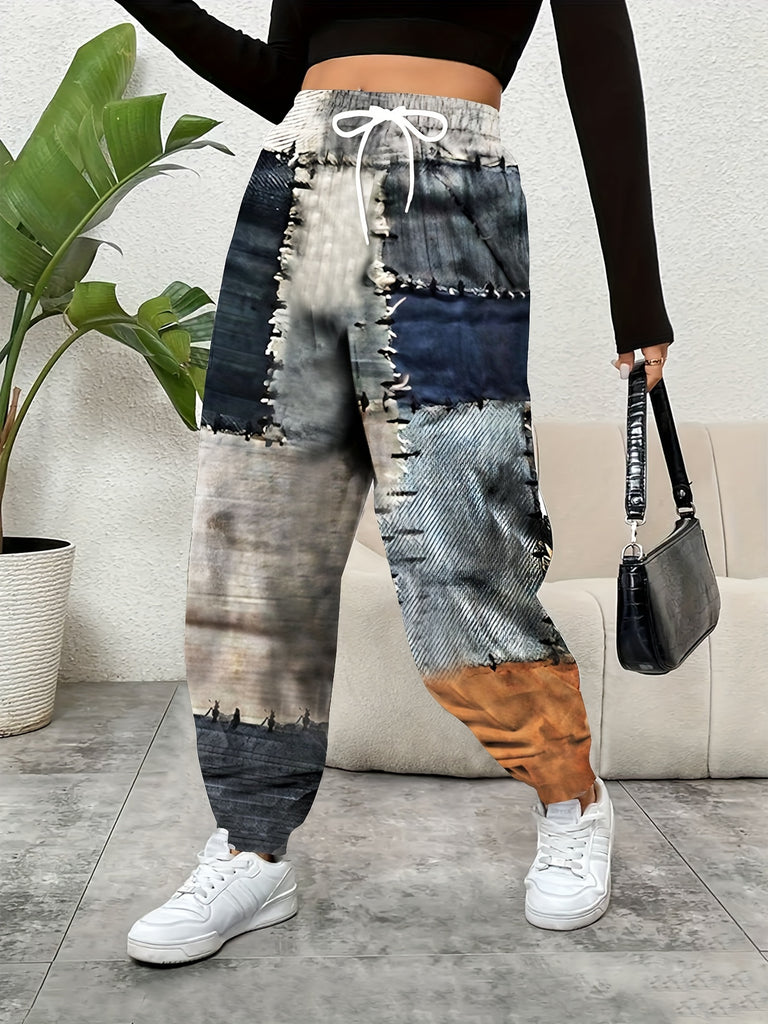 Patchwork Print Fitted Bottom Joggers, Casual Drawstring Waist With Pockets Sporty Pants For Spring & Summer, Women's Clothing