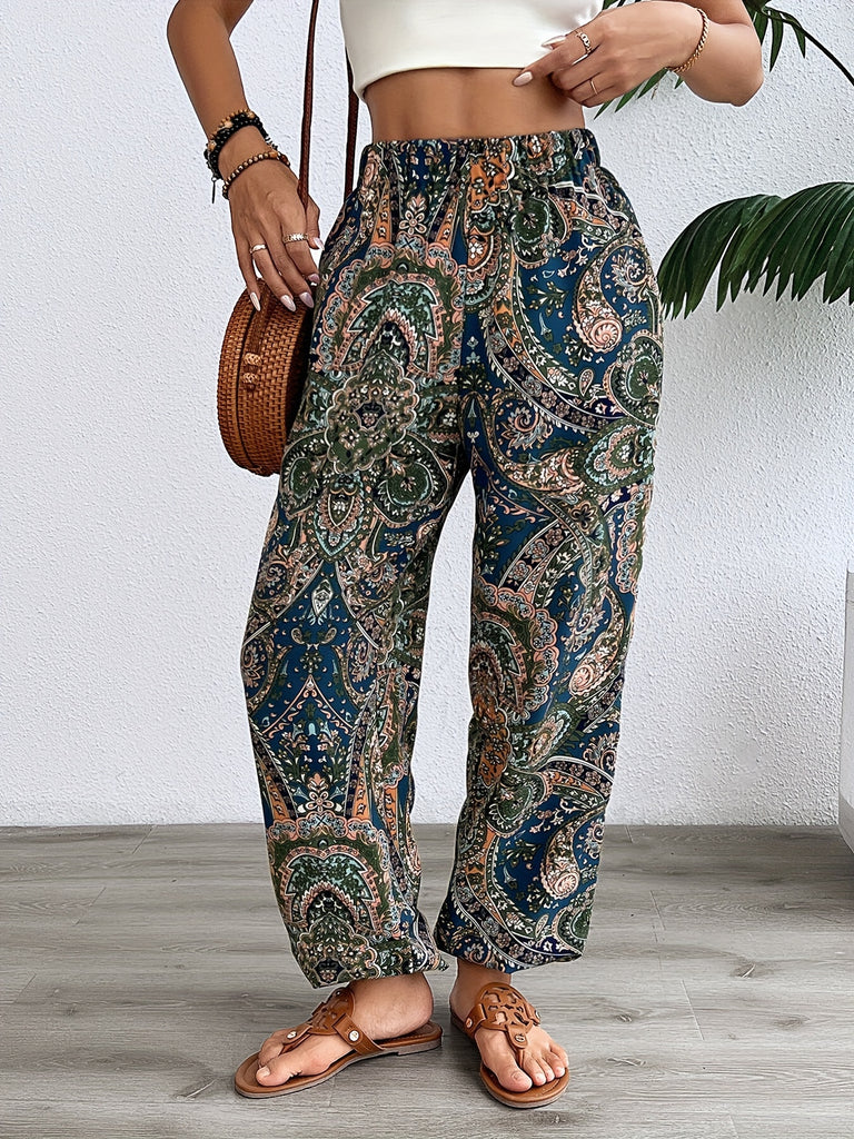 Paisley Print Fitted Bottom Joggers, Casual High Waist Pants For Spring & Summer, Women's Clothing