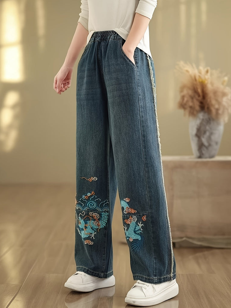 Casual Dragon Embroidery Baggy Jeans For Women - Soft, Comfortable, Versatile, Flattering And Casual Straight Leg Baggy Pants For Everyday Wear, Practical Pockets