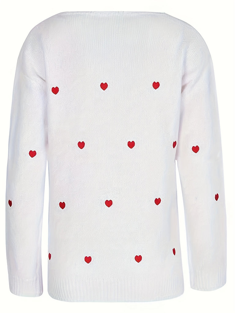 Romantic Heart Print Long Sleeve Sweater for Women - Casual V Neck Fall Winter Cozy Knitwear