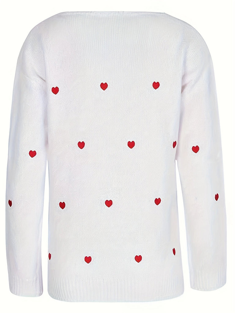 Romantic Heart Print Long Sleeve Sweater for Women - Casual V Neck Fall Winter Cozy Knitwear