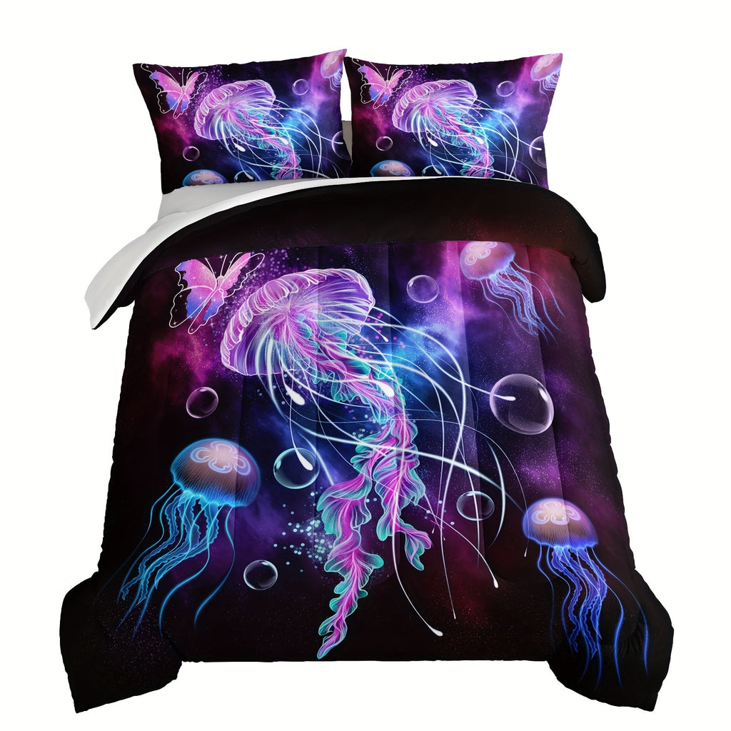 3pcs Fashion Comforter Set (1 * Comforter + 2 * Pillowcase, No Core), Starry Sky Jellyfish Print Bedding Set, Soft And Comfortable Skin-friendly For Bedroom, Guest Room