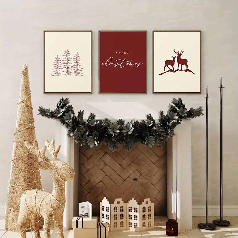 Set of 3 Christmas Canvas Art Prints – Frameless Wall Decor with Holiday Tree and Elk Design for Living Room Home Decoration