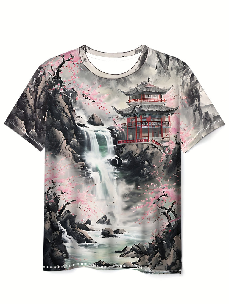 Men's Round Neck Short Sleeve Casual Sports T-shirt with Landscape Pavilion Print