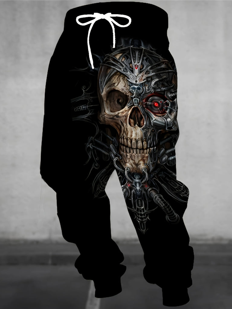 Men's 3D Skull Print Sweatpants, Casual Style, Stretch Polyester Fabric, Drawstring, Pockets, Regular Fit, Knit Construction, Novelty Clothing