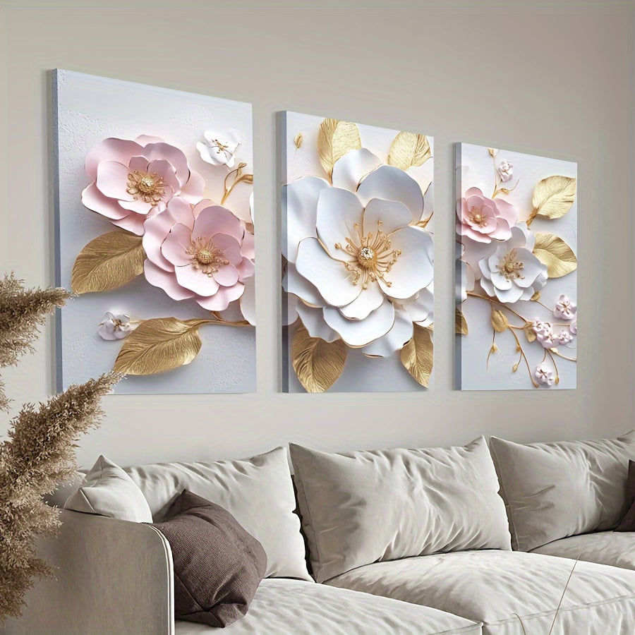 Abstract Wall Art 3D Flower Home Canvas Painting Contemporary Simple Abstract Artwork for Bedroom Bathroom Living Room Wall Decor (3 Pieces Framed)