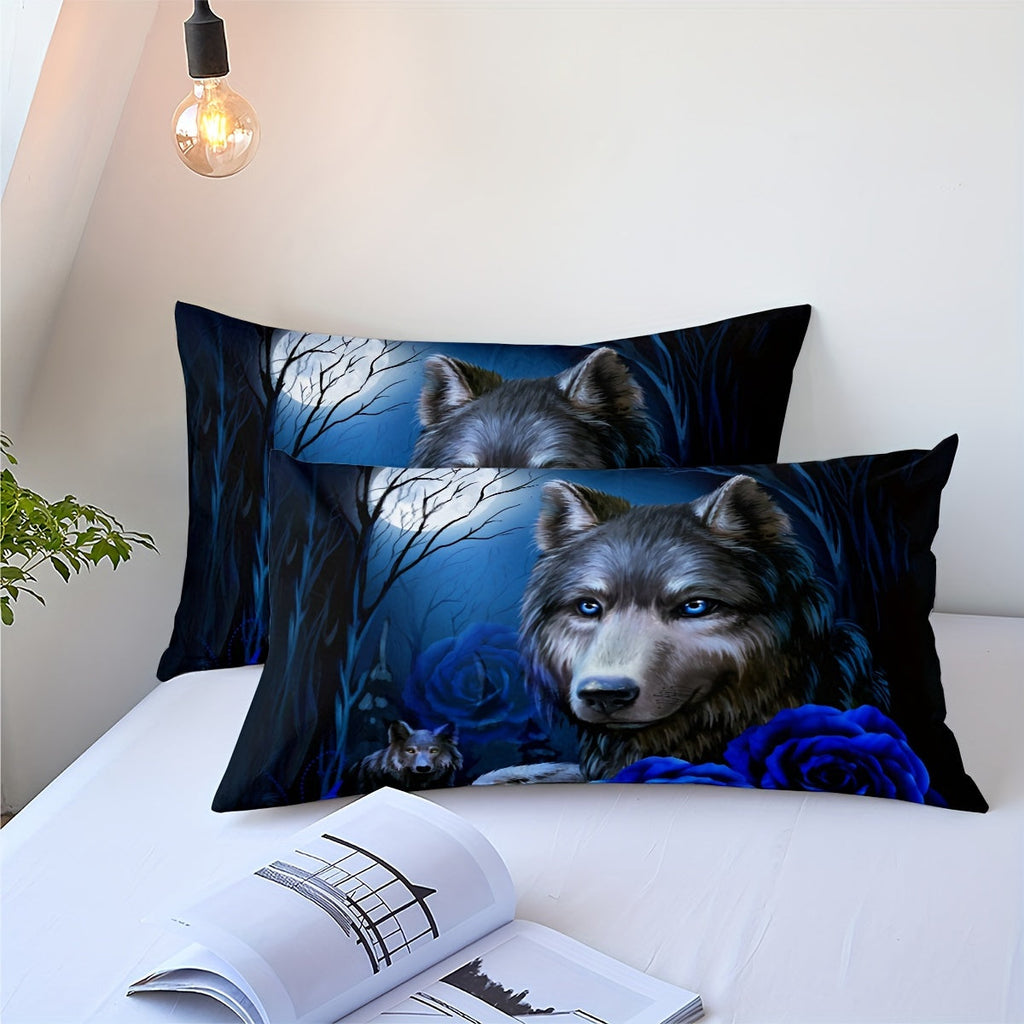 Wolf King Size Comforter Set Blue Flower Bedding Wolves Animal Print Floral Duvet Insert Blossom Branch Howling Wolf Comforter 3D Safari Animal Theme Duvet Room Decor For Boys Girls