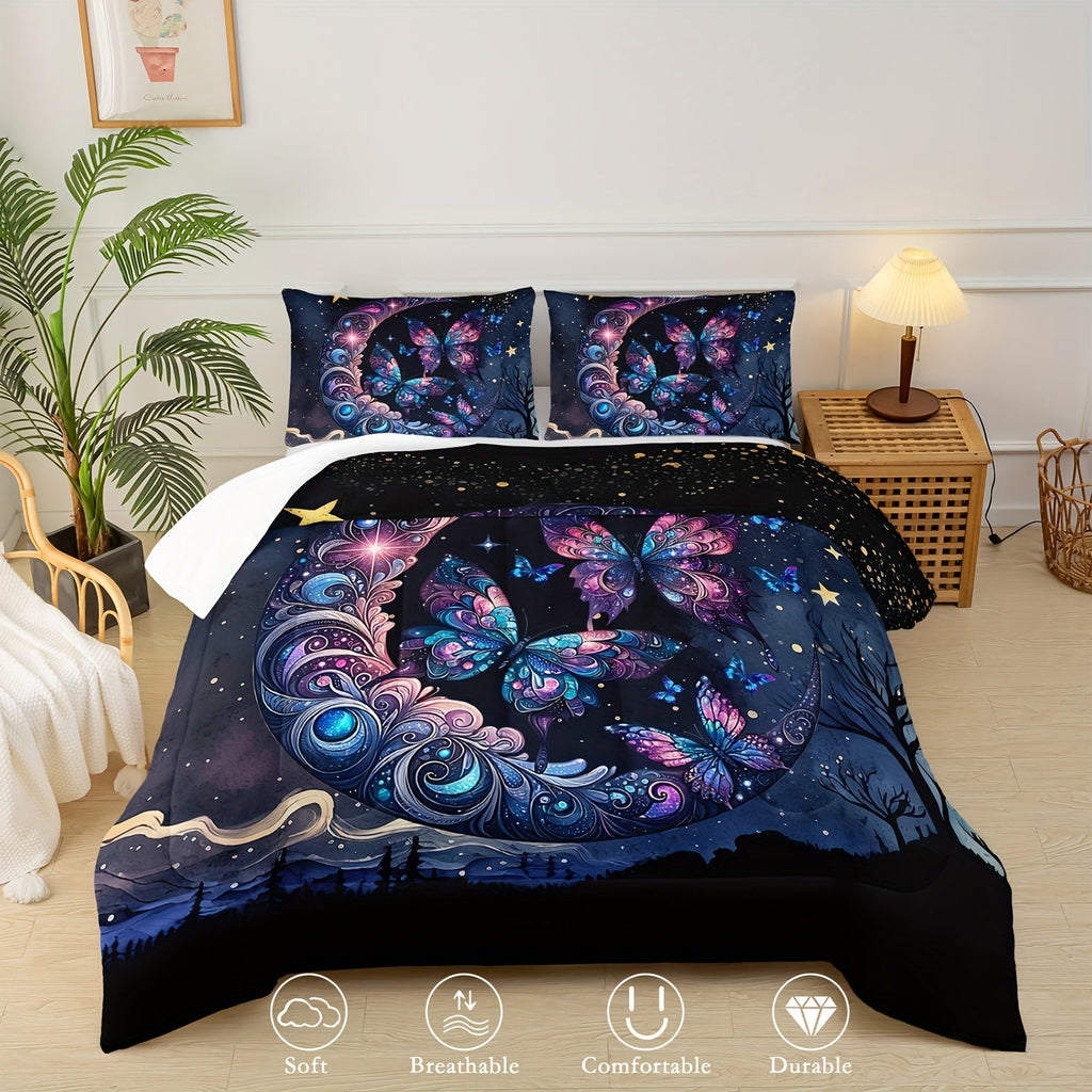 Butterfly Comforter Set Moon Printed Bedding Night Sky Galaxy Comforter 3 Piece Set (1 Bed Comforter + 2 Pillow Cases), Comforter For All Seasons, Soft Comfortable And Breathable Printed Bedding For Home Dorm Decoration