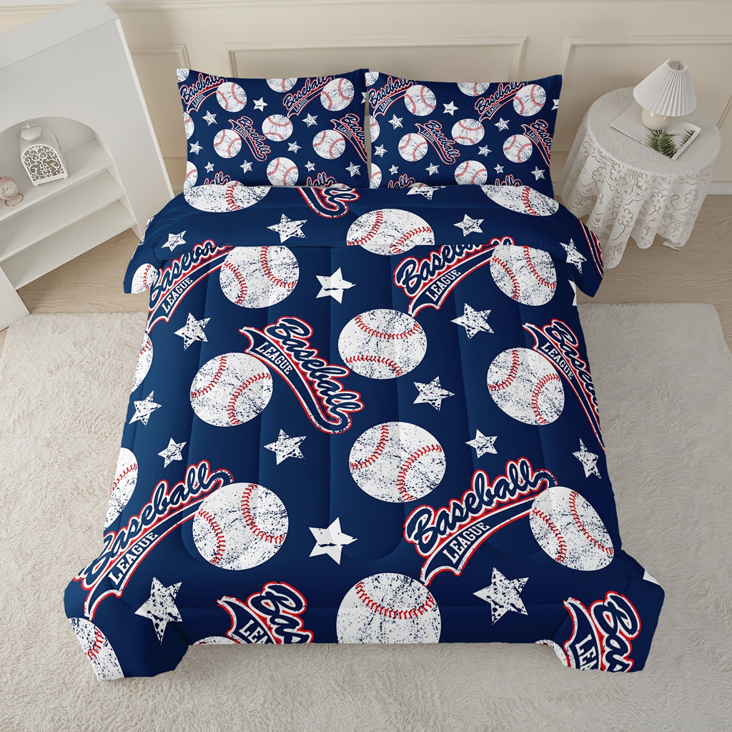 3pcs 3D Baseballs Comforter, Blue Baseball Comforter Set, 3pcs Bedding Set Printed Comforter With 2 Pillowcases, Down Alternative, Soft And Lightweight, For All Seasons