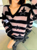 Striped & Stars Print Knit Sweater, Vintage V Neck Long Sleeve Sweater, Women's Clothing