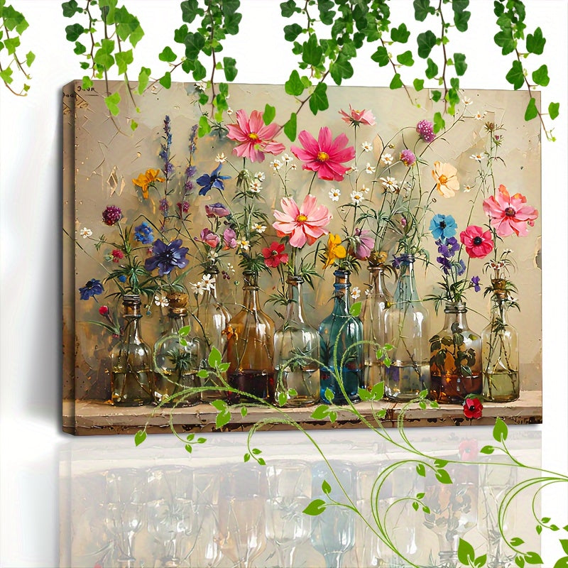 1pc Wooden Framed Canvas Painting Prints Colorful Flowers In Different Clear Glass Vases Suitable For Living Room Bedroom Bathroom Kitchen Decor, Wooden Framed Artwork Easy To Hang